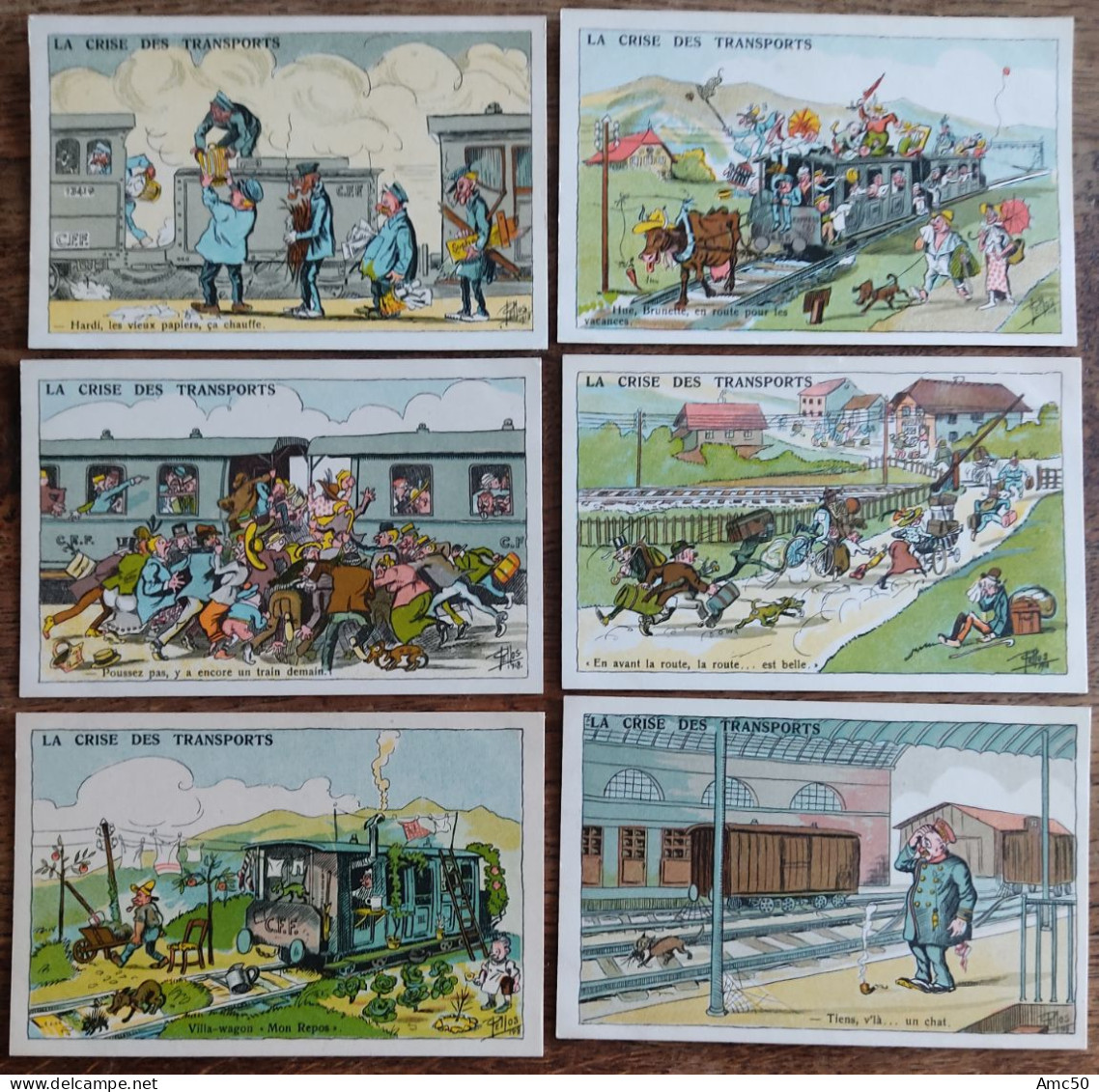 6 CPA 1918 PELLOS Série La Crise Des Transports Train BD Dessins Rare - Pellos