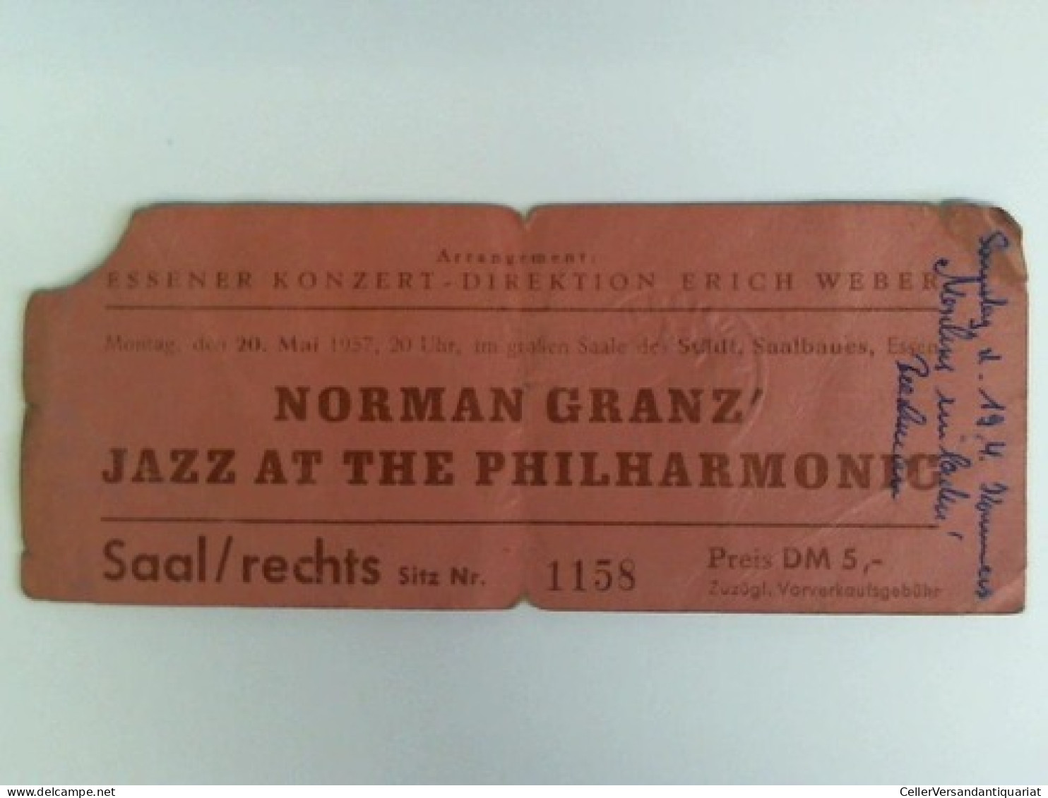 Eintrittskarte Für Montag, Den 20. Mai 1957, 20 Uhr, Im Großen Saale Des Städt. Saalbaues, Essen Von Norman Ganz'... - Non Classés