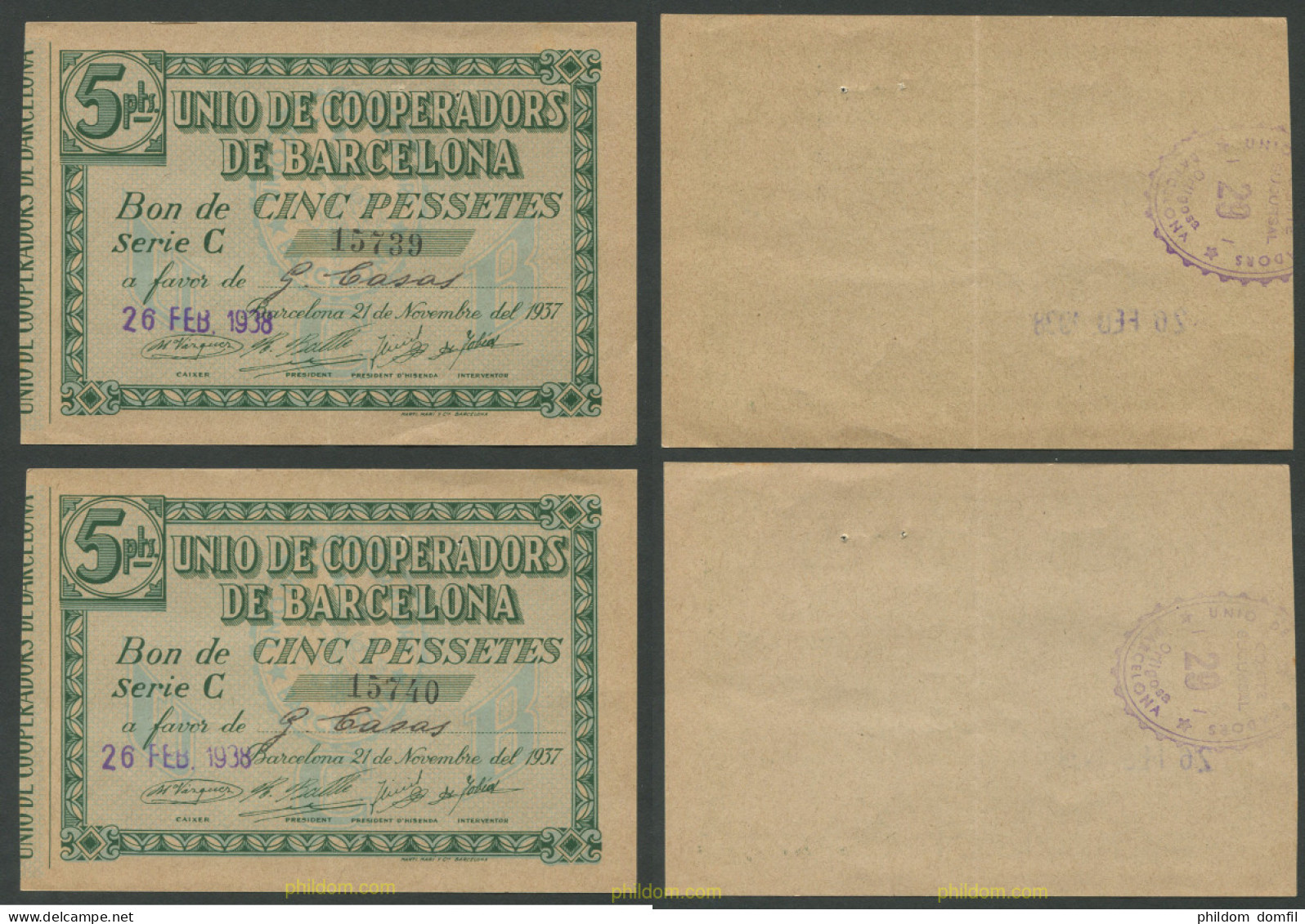 8245 ESPAÑA. Emisiones Locales Republicanas 1937 UNIO DE COOPERADORS DE BARCELONA 5 PESETAS - Sonstige & Ohne Zuordnung