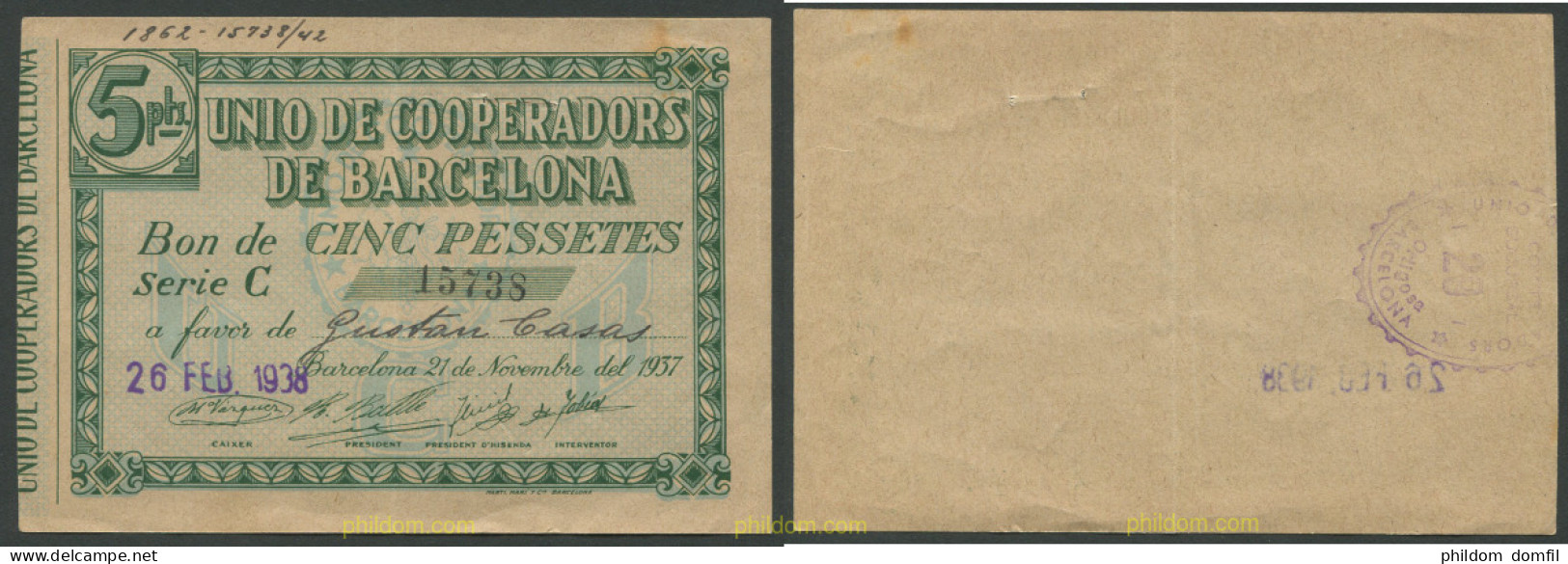 8246 ESPAÑA. Emisiones Locales Republicanas 1937 UNIO DE COOPERADORS DE BARCELONA 5 PESETAS - Sonstige & Ohne Zuordnung