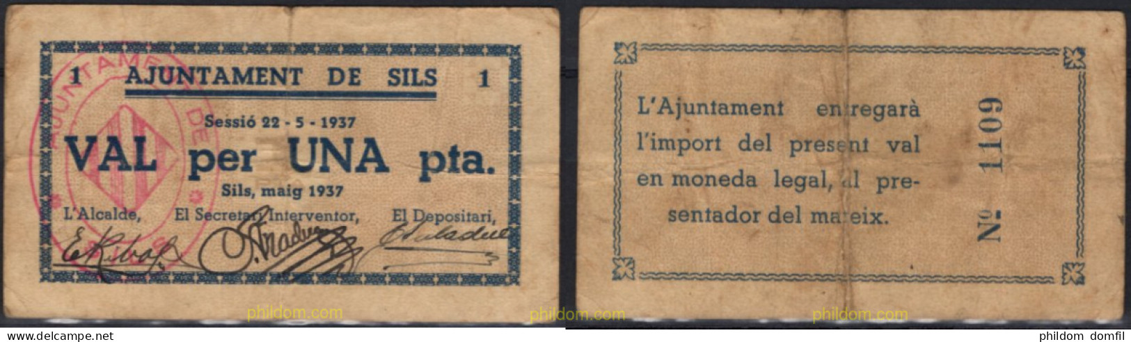 8303 ESPAÑA. Emisiones Locales Republicanas 2024 AJUNTAMENT DE SILS 1 PESETA 1937 - Sonstige & Ohne Zuordnung