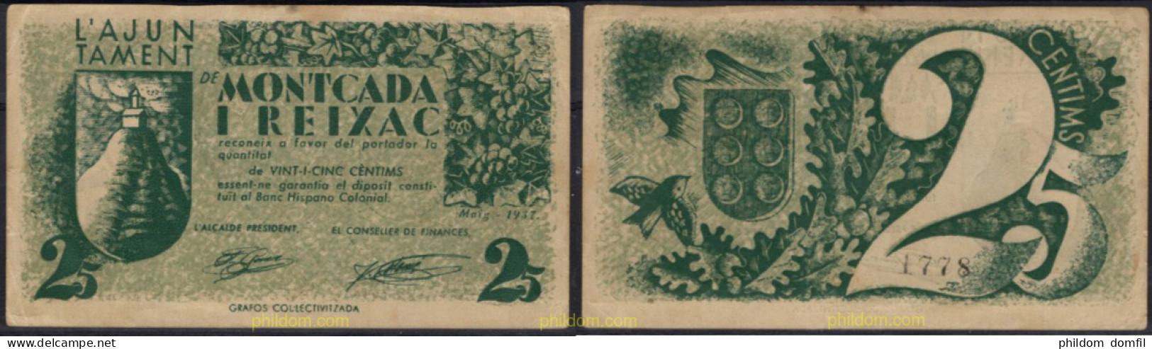 8308 ESPAÑA. Emisiones Locales Republicanas 2024 AJUNTAMENT DE MONTCADA I REIXAC 25 CENTIMOS 1937 - Sonstige & Ohne Zuordnung