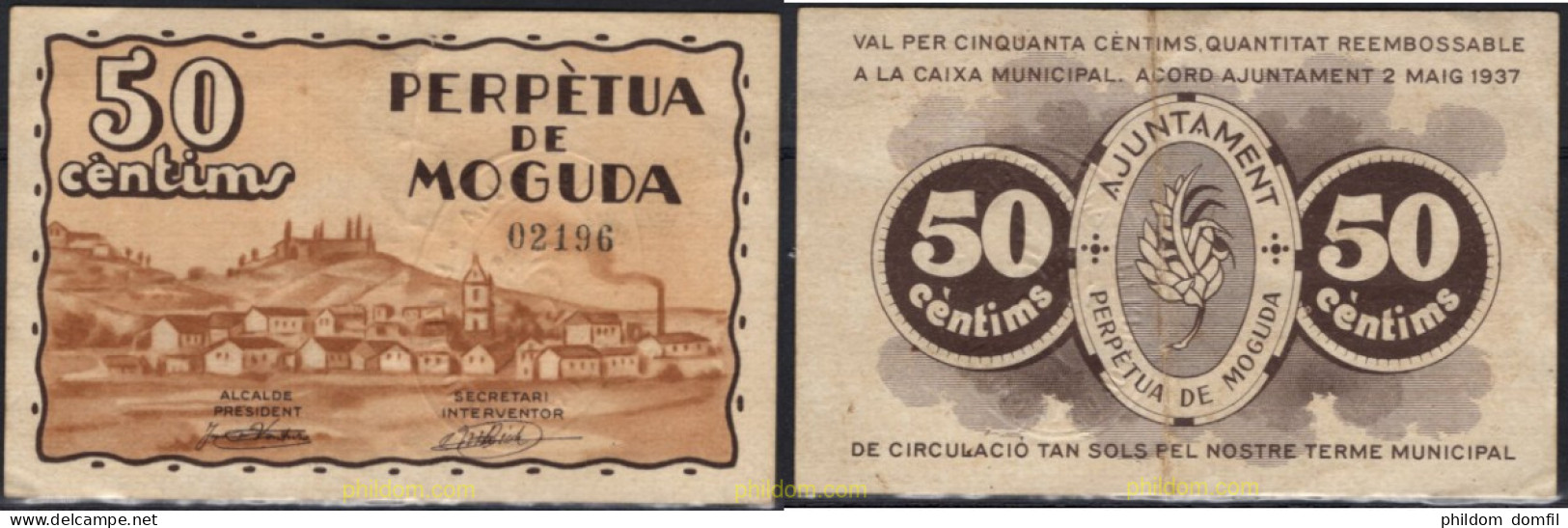 8311 ESPAÑA. Emisiones Locales Republicanas 2024 AJUNTAMENT PERPETUA DE MOGUDA 50 CENTIMS 1937 - Otros & Sin Clasificación