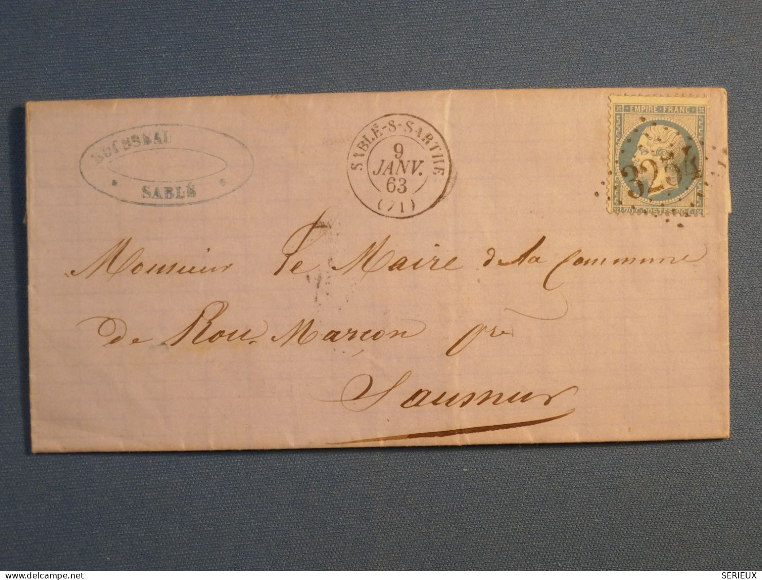 DL 7 FRANCE BELLE LETTRE  RR 1863 PETIT BUREAU SABLé S SARTHE  A SAUMUR + NAP. N°22 DECALé+AFF. INTERESSANT+ - 1849-1876: Période Classique