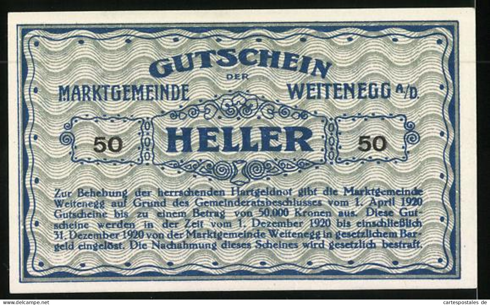 Notgeld Weitenegg A. D. 1920, 50 Heller, Ortsansicht  - Oesterreich