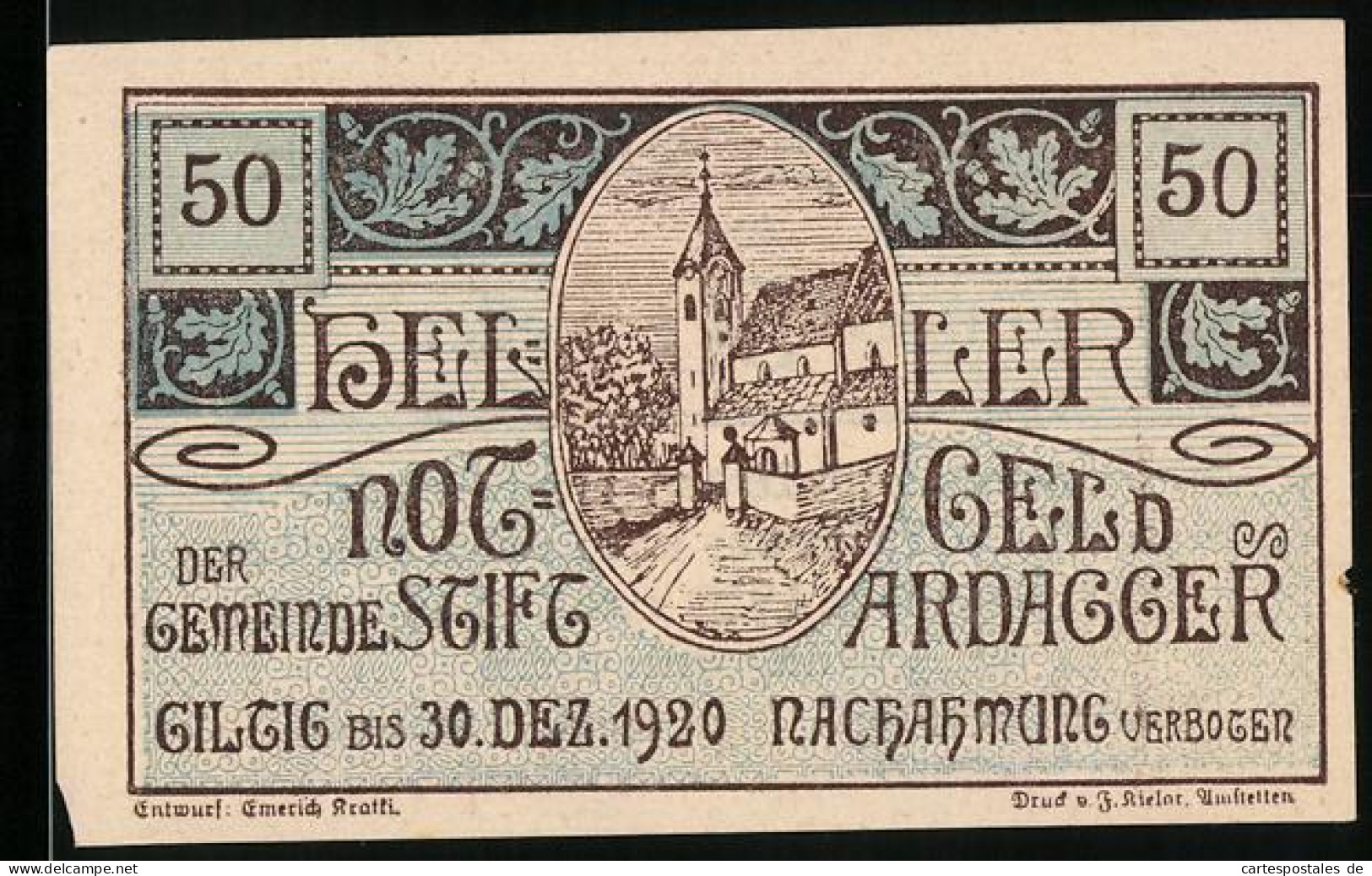 Notgeld Ardagger 1920, 50 Heller, Stift Ardagger  - Austria