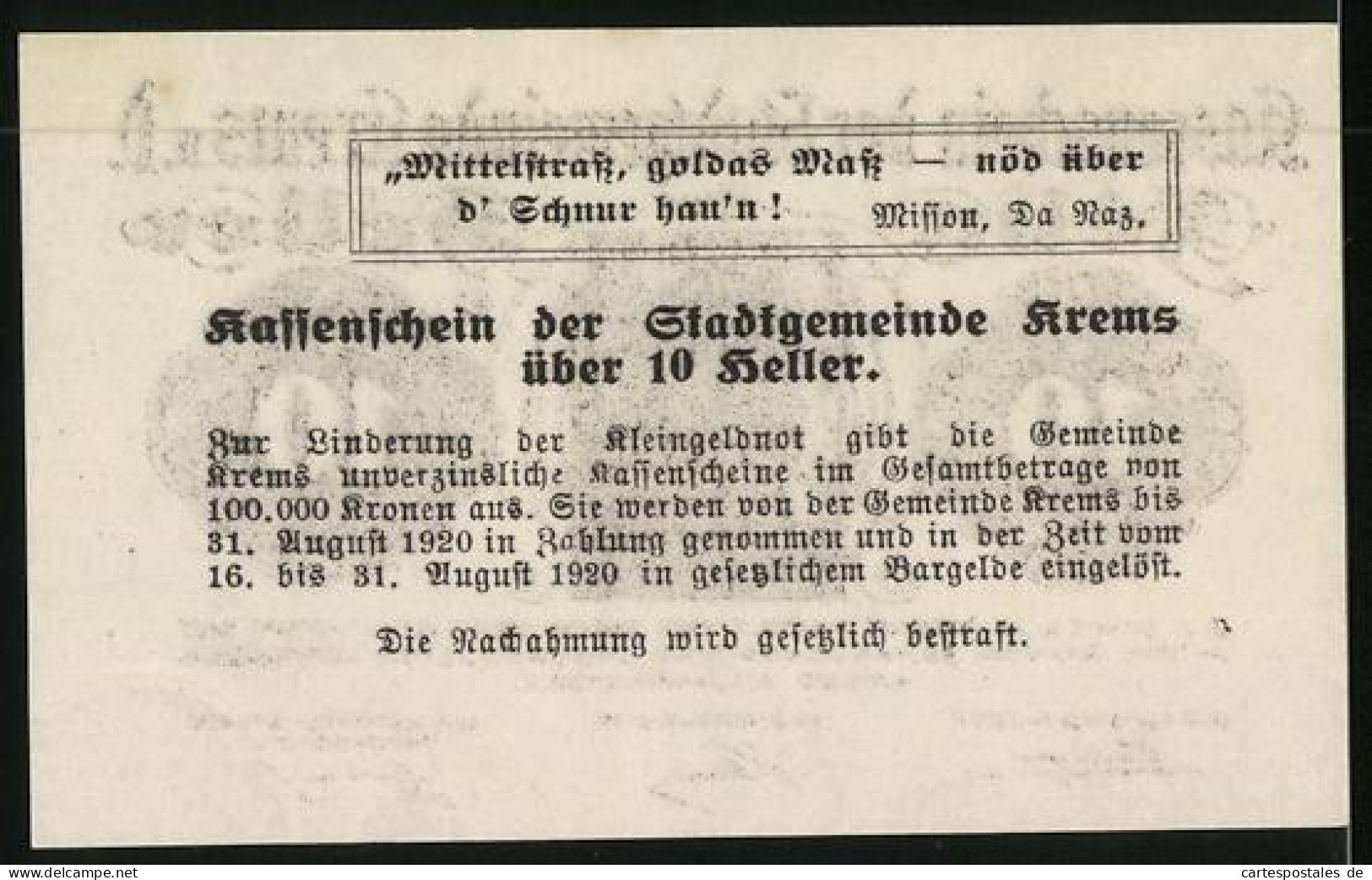 Notgeld Krems A. D. 1920, 10 Heller, Teil An Der Kirche  - Austria