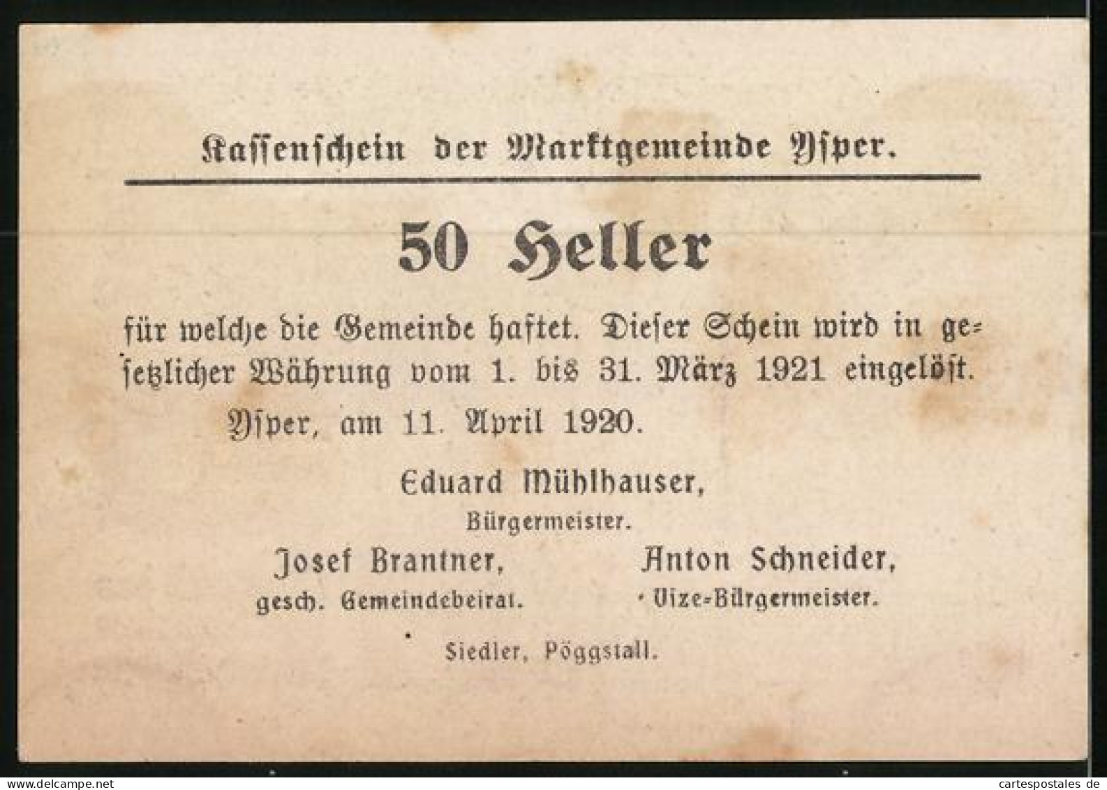 Notgeld Ysper 1920, 50 Heller, Prangersäule Aus Dem Jahre 1314  - Austria