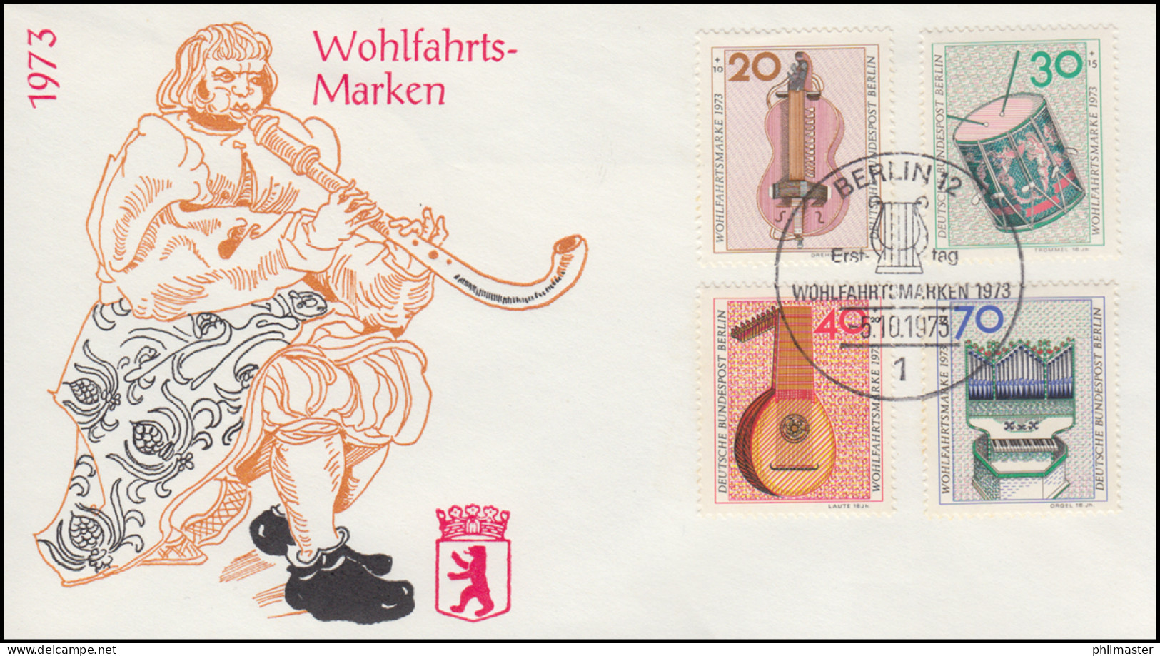 459-462 Wofa Musikinstrumente 1973: Satz Auf FDC Flötenspieler ESSt BERLIN Harfe - Briefe U. Dokumente