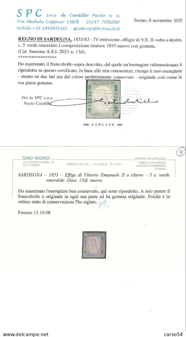 SARDEGNA - 1855-1863 IV Emissione Effige Di V.E.II C. 5 Verde Smeraldo Nuovo Con Gomma (Sass.n.13d) Valore Cat. 15.000 - Sardinia