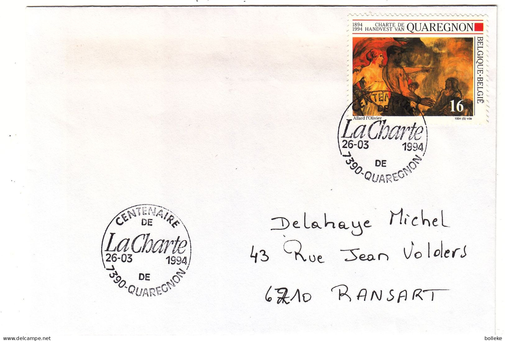 Belgique - Lettre De 1994 - Oblit Quaregnon - - Storia Postale