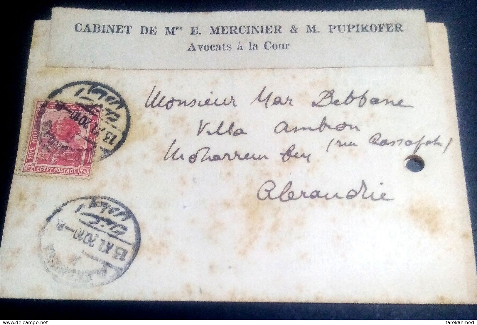 British Protectorate Of Egypt 1920, A Registered Letter Mail Of Alexandria - 1915-1921 Protectorado Británico