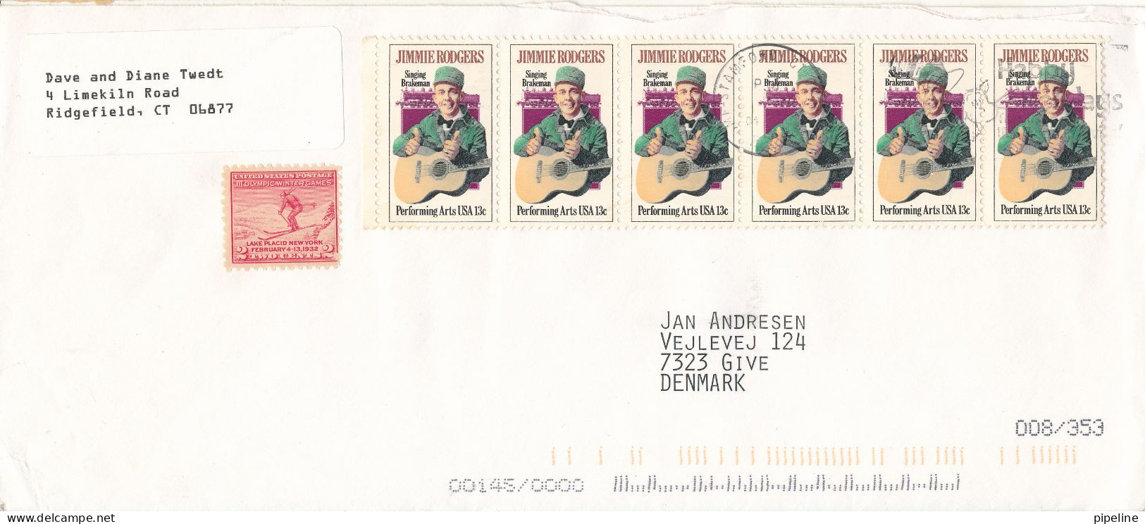 USA Cover Sent To Denmark With A Stripe Of 6 Jimmie Rodgers - Lettres & Documents
