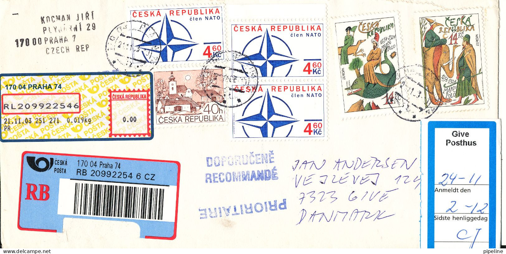 Czeck Republic Registered Cover Sent To Denmark 21-11-2003 NATO And Other Stamps - Covers & Documents