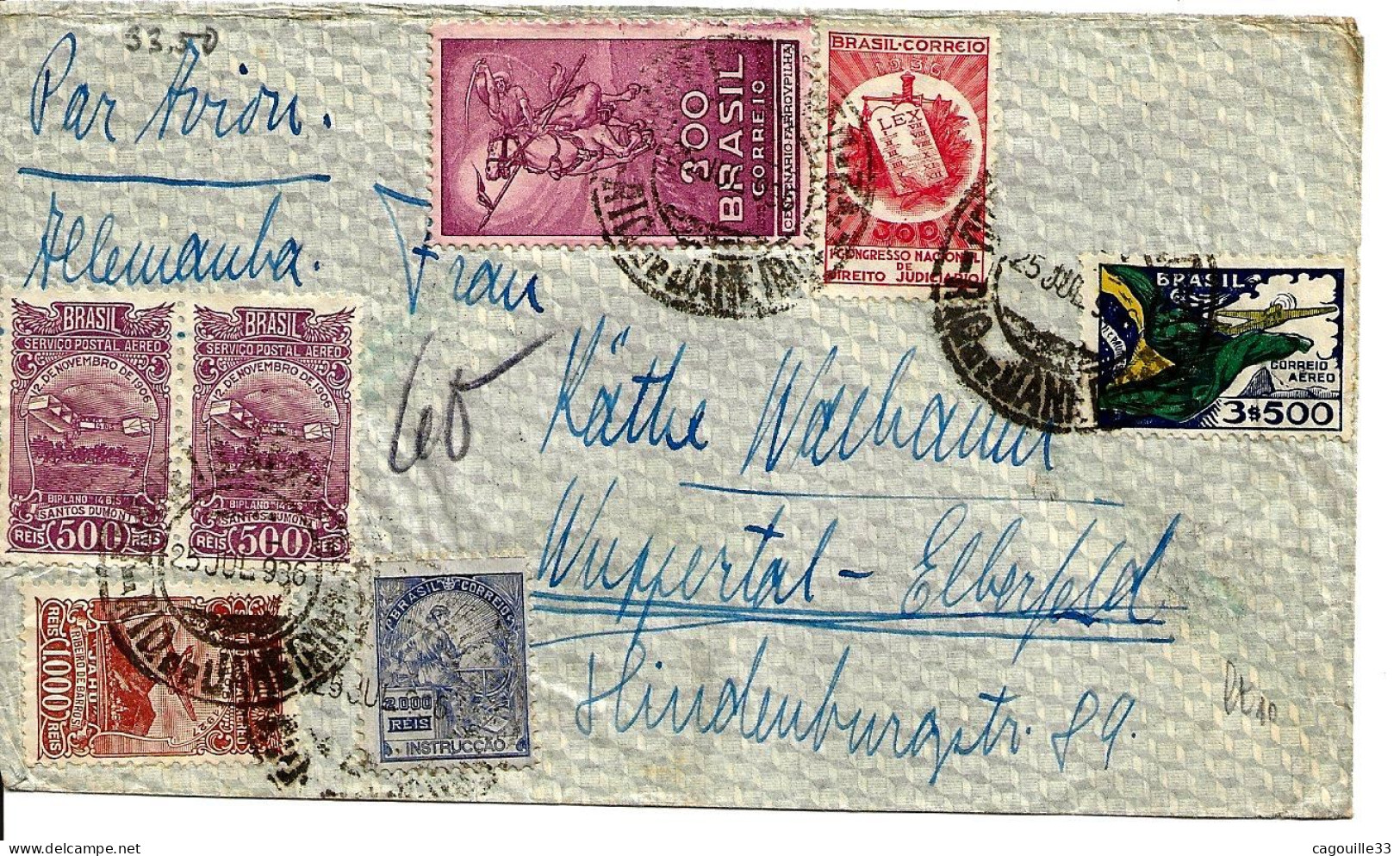 Bresil, De Rio De Janeiro En 1936  Pour Wuppertal   Tarif Aerien  Sur 7 Tp TB - Lettres & Documents