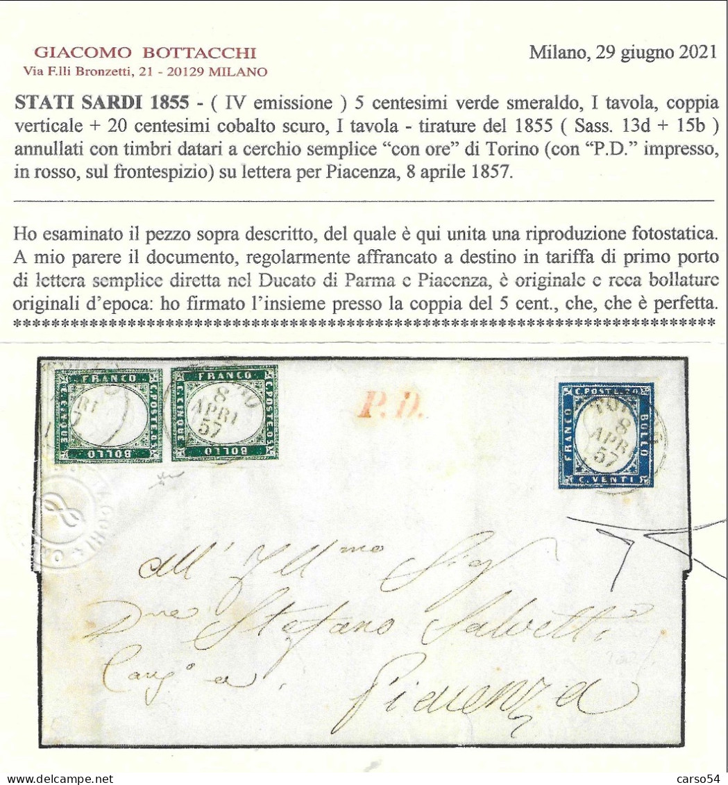 SARDEGNA - Lettera Da Torino Per Piacenza Con Coppia 5 C. + 20 C. (Sass.. 13d+15b) Valore Catalogo 7.975 Euro - Sardinien