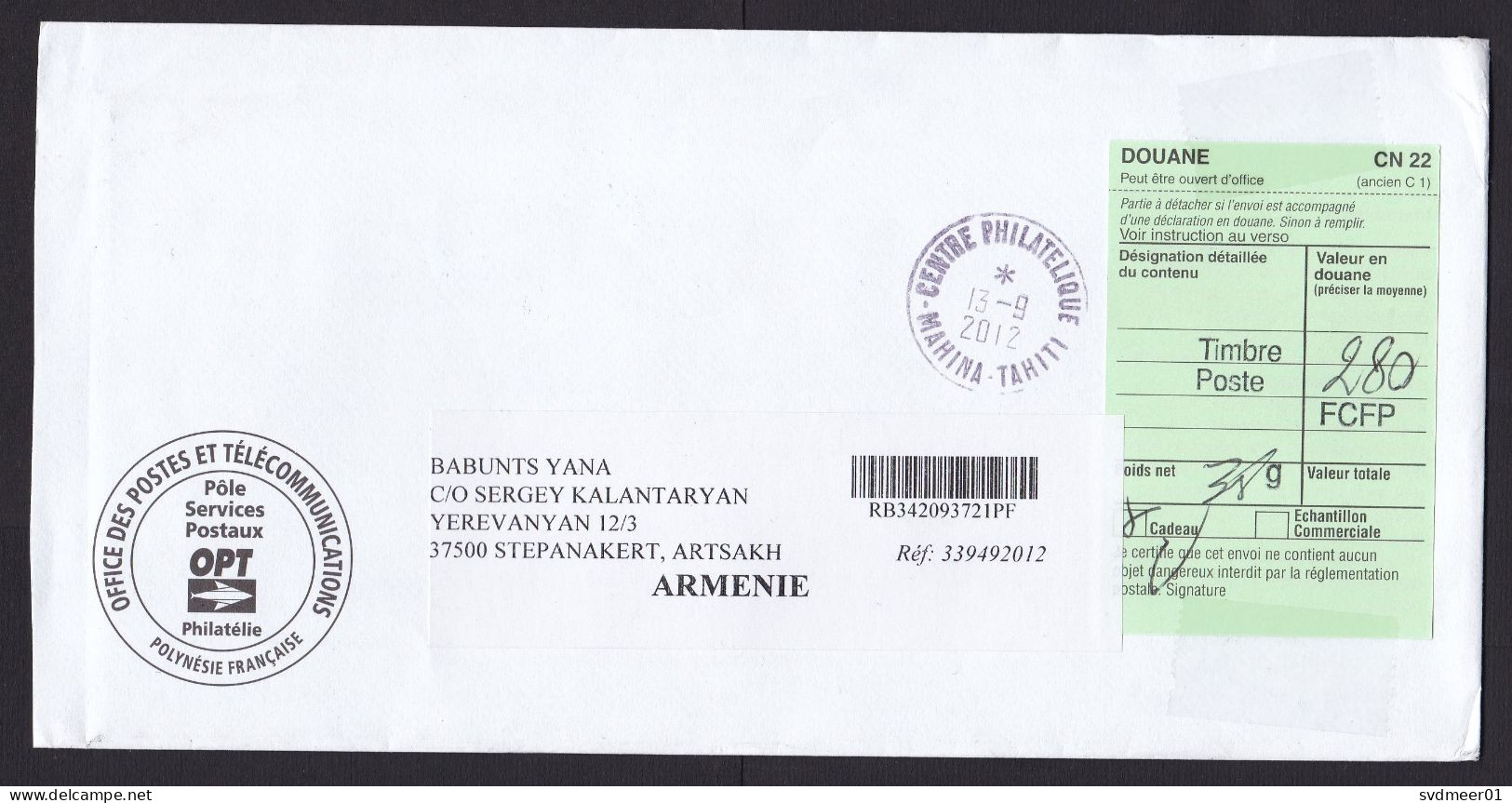 French Polynesia: Cover To Armenia, 2012, Postal Service, CN22 Customs Declaration Label (minor Crease) - Lettres & Documents