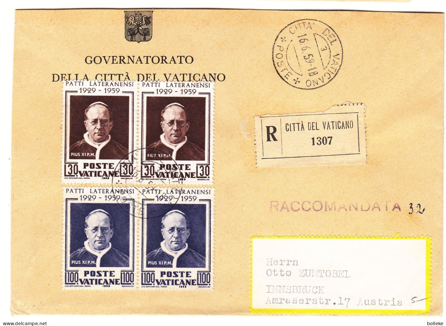 Vatican - Lettre Recom De 1959 - Oblit Citta Del Vaticano - Exp Vers Innsbruck - Pape - - Cartas & Documentos