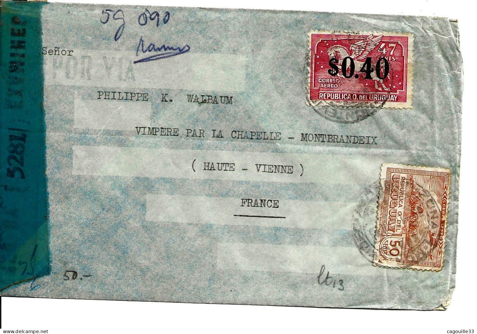 Uruguay , De Montevideo  Années 1945/46,  Pour La Haute Vienne , Bande De Censure  TB - Uruguay