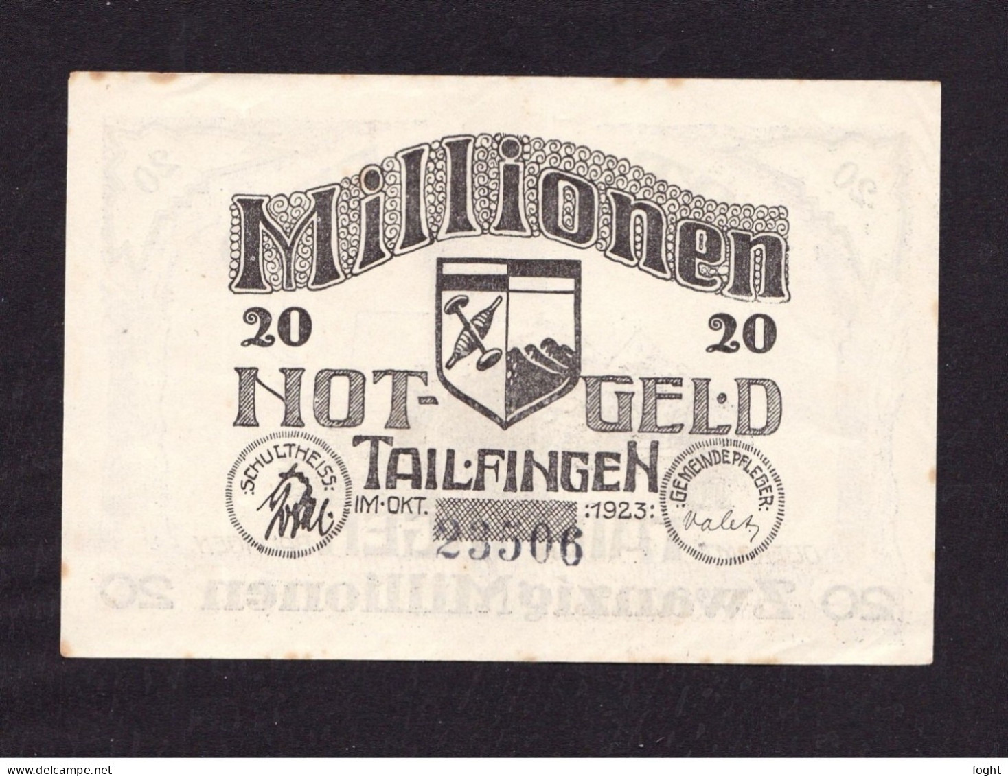 1923 Germany /Baden-Württenberg/Tailfingen Notgeld 20 Millionen - 20 Mio. Mark