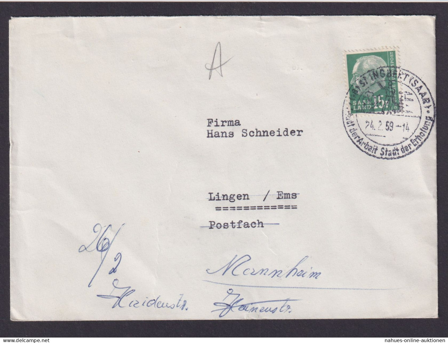 Saar Saarland Brief EF 415 Heuss St Ingbert Saarland Lingen Ems Niedersachsen - Oblitérés