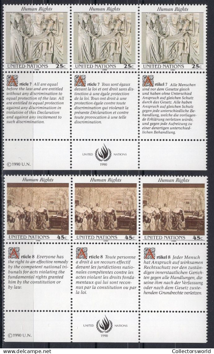 United Nations NY New York 1990 Serie 2v In Block Of 3 Human Rights MNH - Neufs