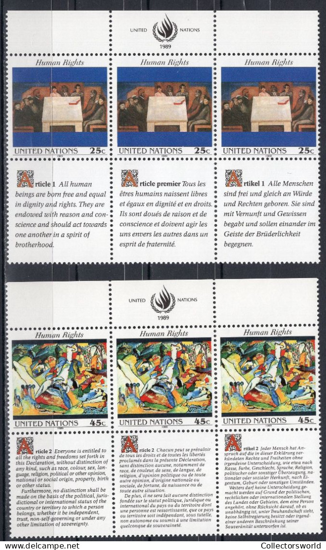 United Nations NY New York 1989 Serie 2v In Block Of 3 Human Rights MNH - Neufs