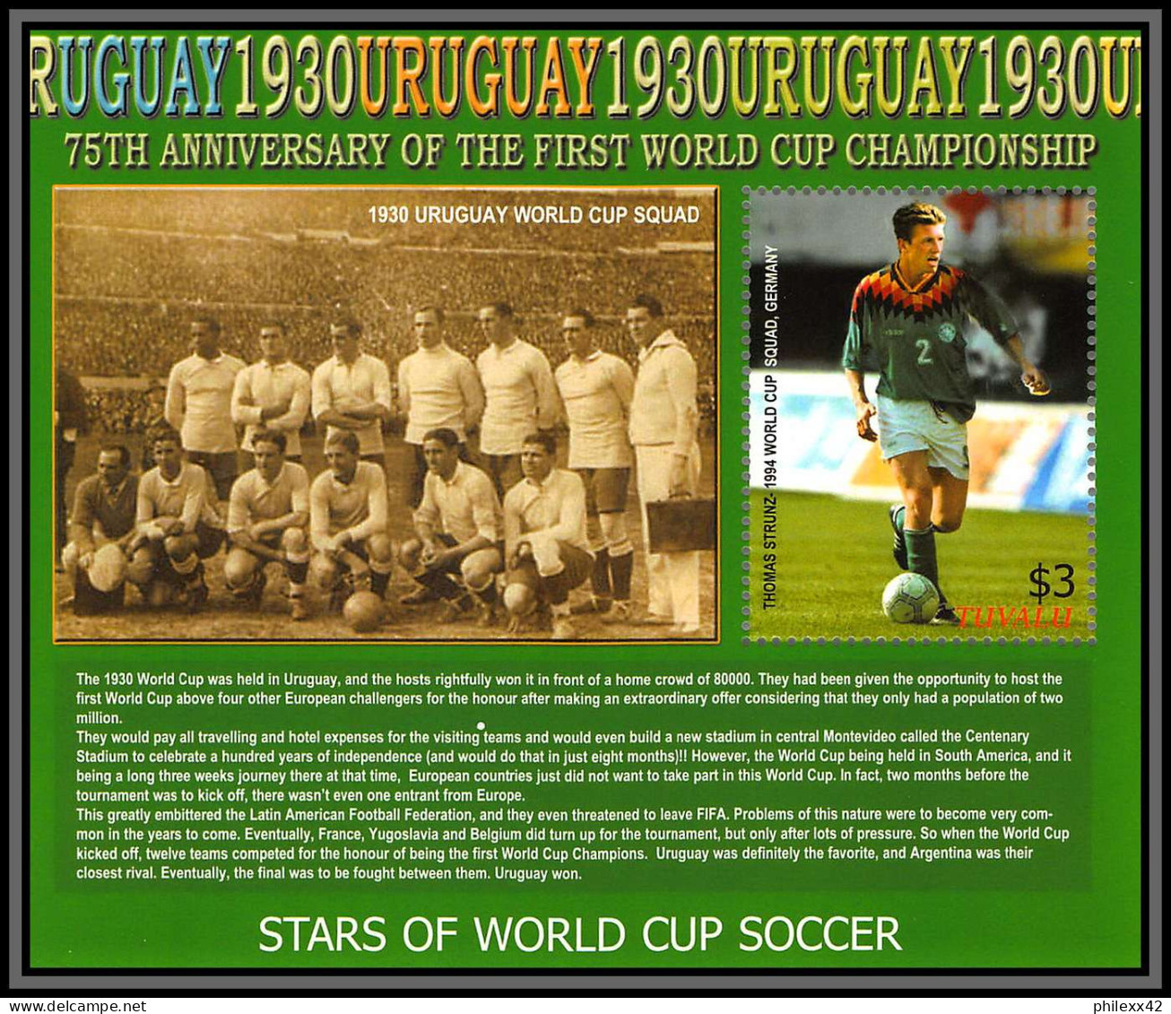 81264 Tuvalu Y&t N°117 75th Anniversary Of The 1rst World Cup Uruguay 1930 ** MNH Football Soccer Strunz Germany 2005 - 1930 – Uruguay