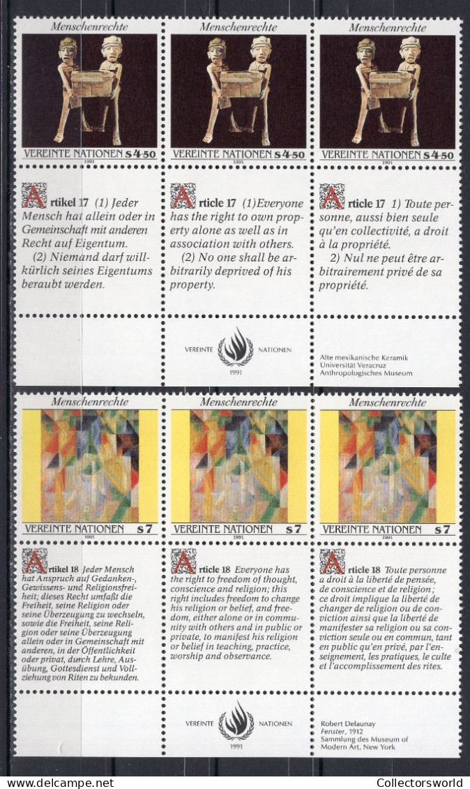 United Nations Vienna 1991 Serie 2v In Block Of 3 Human Rights MNH - Nuevos