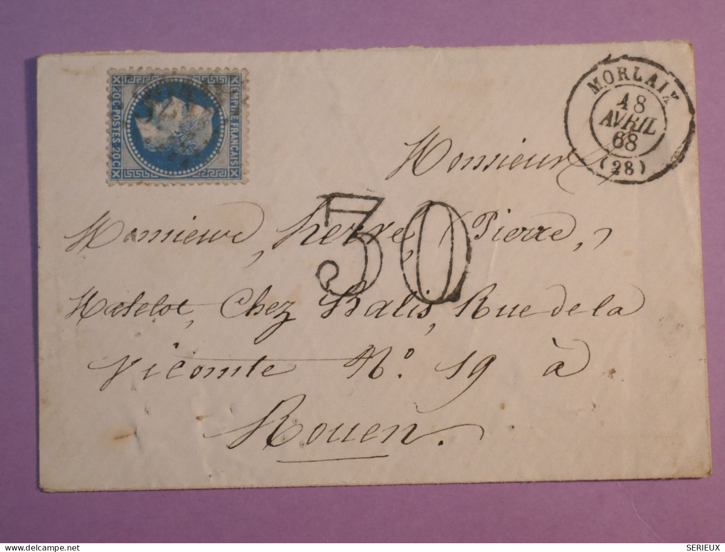 DL 7 FRANCE BELLE LETTRE  1868 MORLAIX A ROUEN  +N° 29 +TAXE 30 ++AFF. INTERESSANT+ - 1849-1876: Période Classique