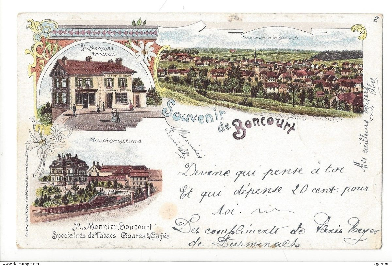 32061 - Souvenir De Boncourt Litho 1899 Monnier Spécialiste De Tabacs Cigares - Boncourt