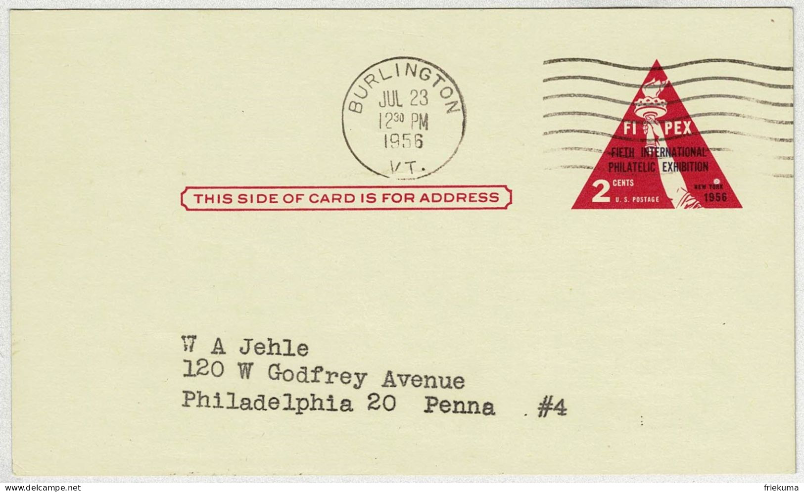 Vereinigte Staaten / USA 1956, Ganzsachen-Karte FIPEX Burlington - Philadelphia - 1941-60