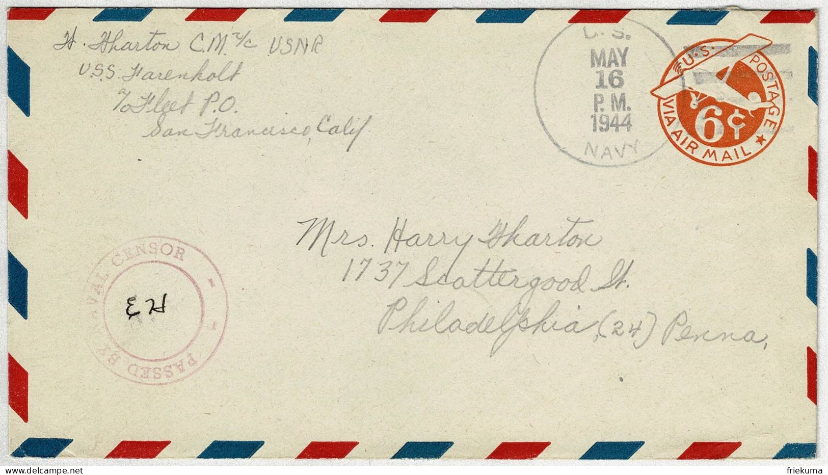 Vereinigte Staaten / USA 1944, Ganzsachen-Brief Air Mail U.S. Navy - Philadelphia, Zensur / Censor - 1941-60