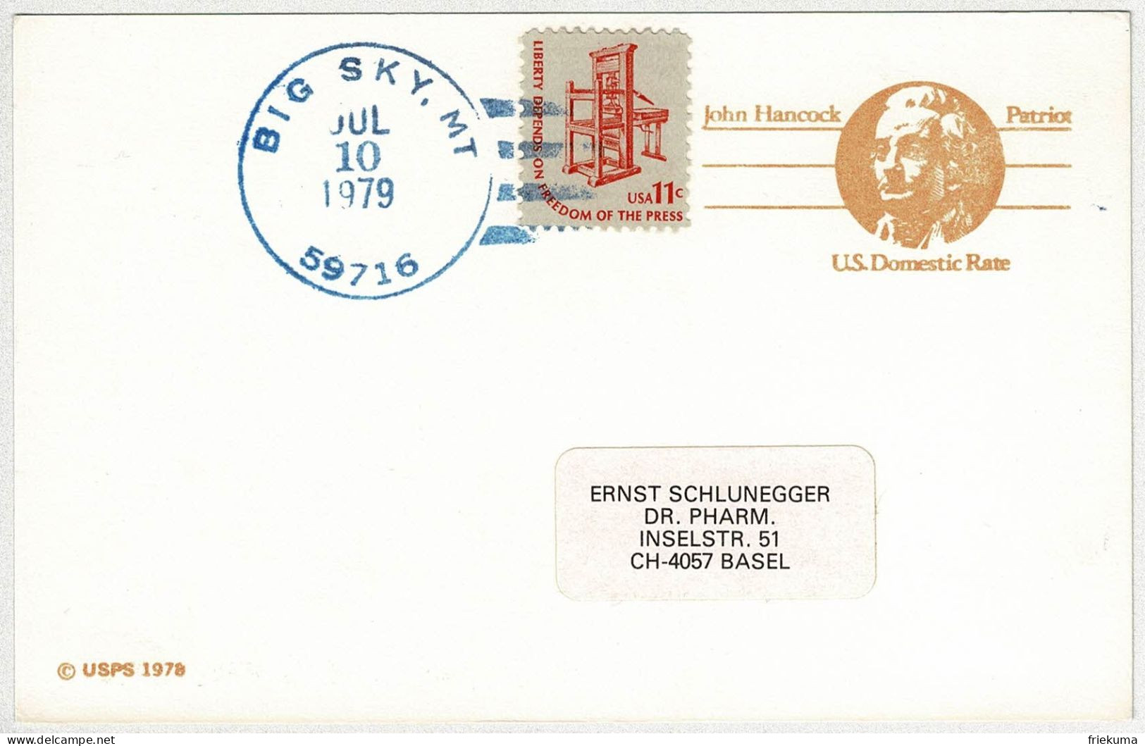 Vereinigte Staaten / USA 1979, Ganzsachenkarte / Post Card / Stationery Big Sky - Basel (Schweiz) - 1961-80