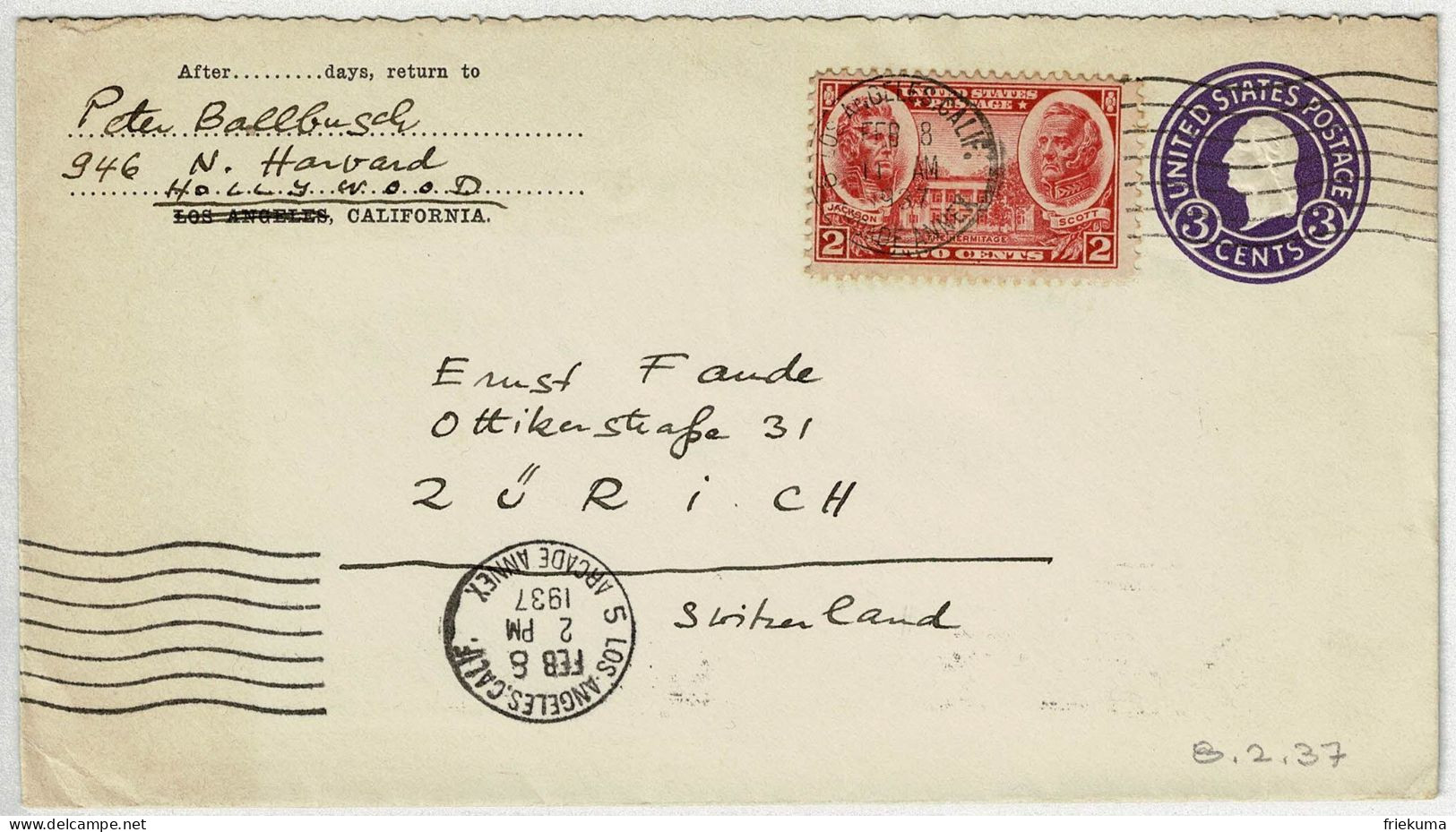 Vereinigte Staaten / USA 1937, Ganzsachen-Brief / Stationery Los Angeles - Zürich (Schweiz) - 1921-40