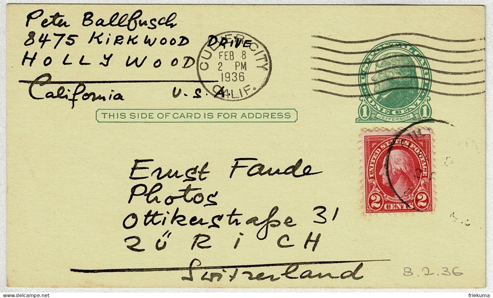 Vereinigte Staaten / USA 1936, Ganzsachen-Karte / Post Card / Stationery Culver City - Zürich (Schweiz), Hollywood - 1921-40