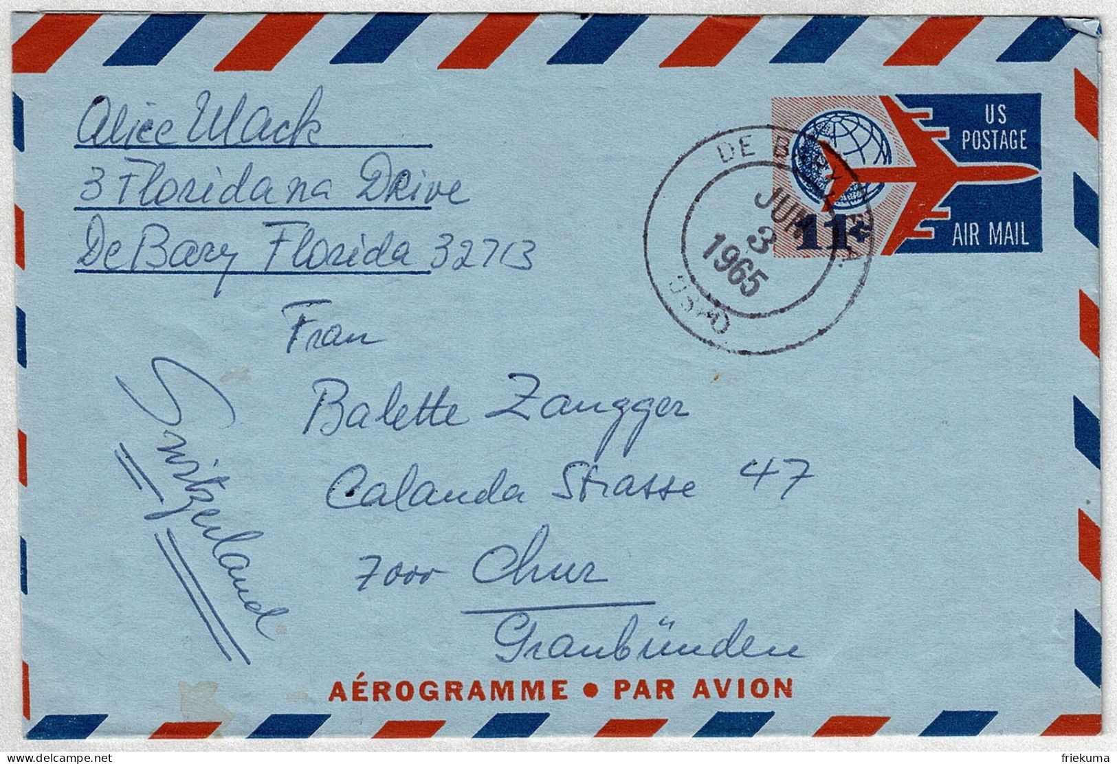 Vereinigte Staaten / USA 1965, Aerogramme De Bary - Chur (Schweiz) - 1961-80