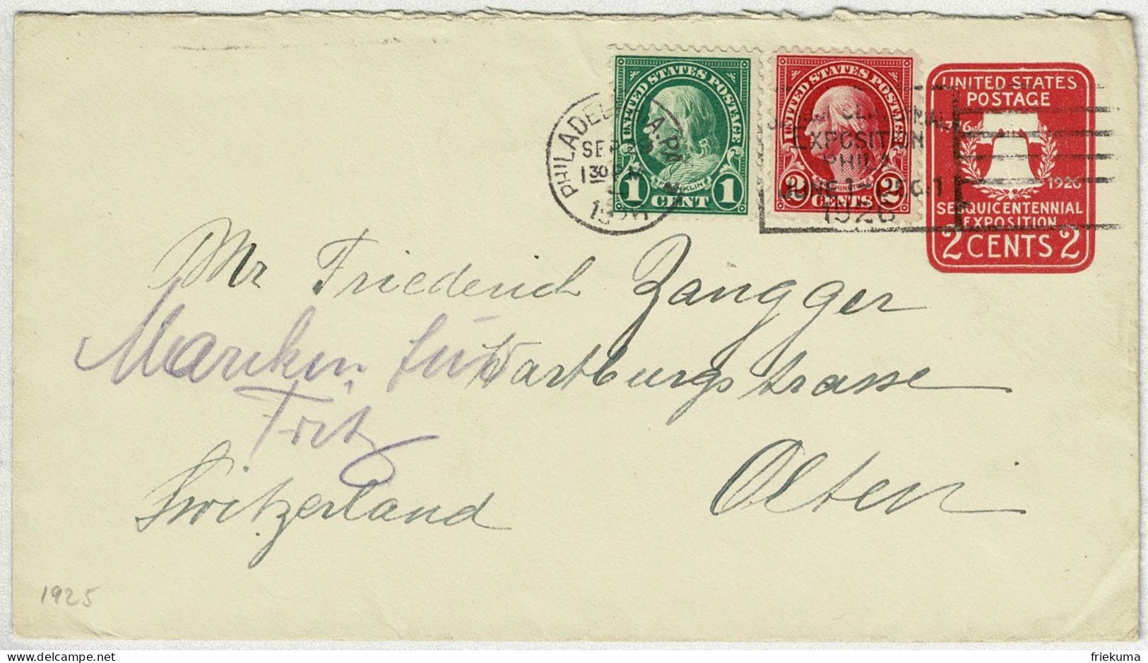 Vereinigte Staaten / USA 1926, Ganzsachen-Brief / Stationery Philadelphia - Olten (Schweiz) - 1921-40