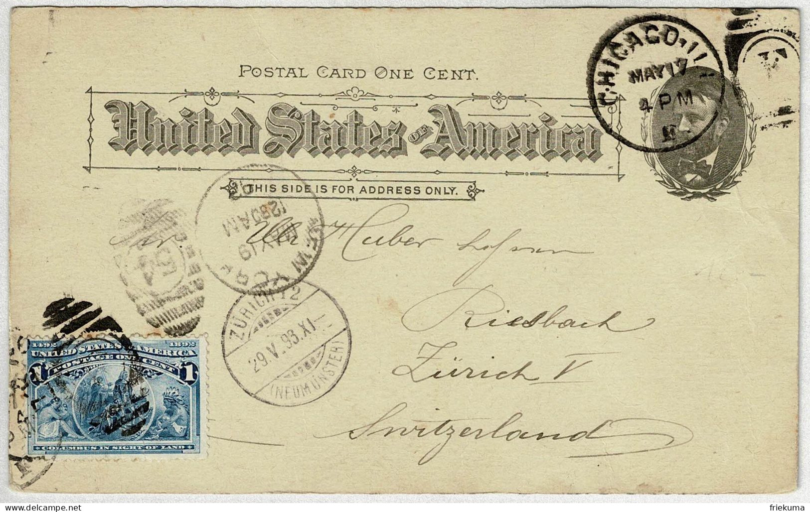 Vereinigte Staaten / USA 1893, Ganzsachen-Karte / Postal Card Chicaco - New York - Zürich (Schweiz) - 1921-40