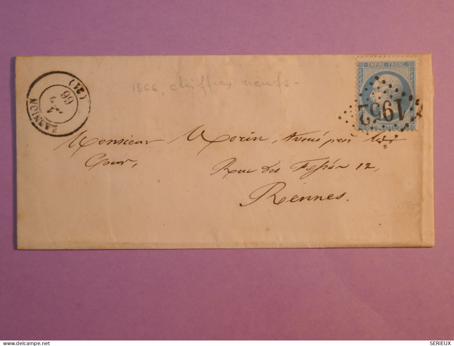 DL 7 FRANCE BELLE LETTRE  1866  LANNION A RENNES  +N° 22 CACHET CHIFFRE NEUF + ++AFF. INTERESSANT+ - 1849-1876: Periodo Clásico