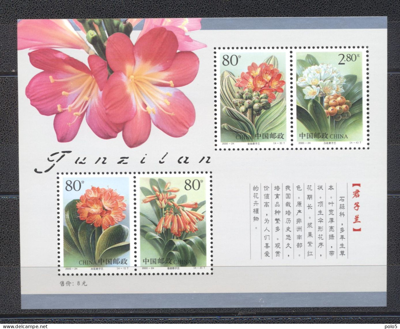 China 2000-Flowers M/Sheet - Unused Stamps