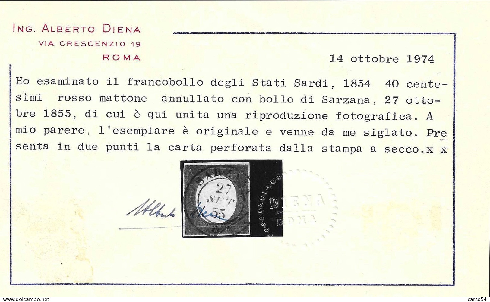 SARDEGNA - 1854 - 40 C. Rosso Mattone Con Annullo Di Sarzana 27 Sett 1855 (Sassone N.9) Valore Cat. 6.500 Eu - Sardegna