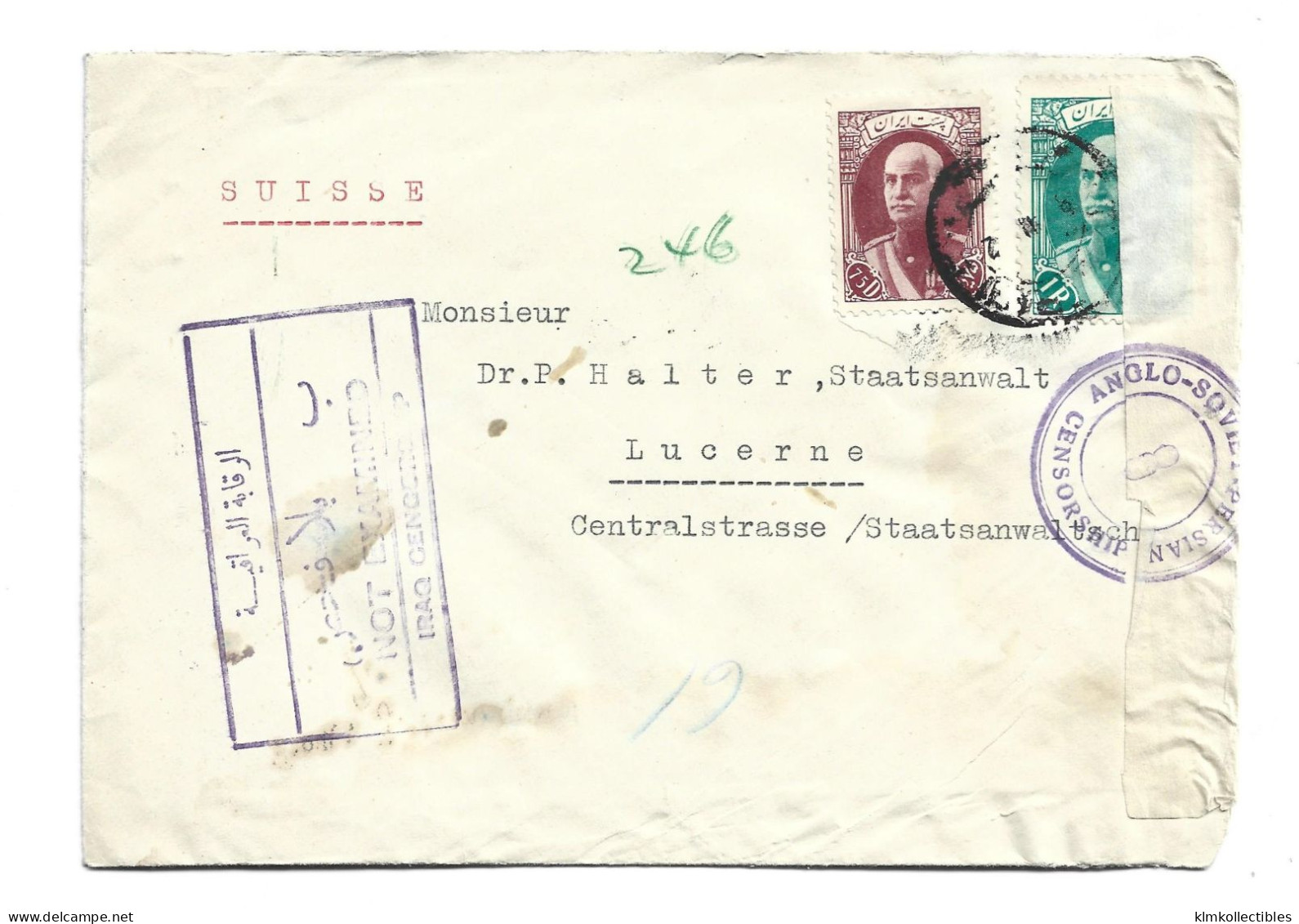 IRAN PERSIA - 1942 COVER TO SWITZERLAND - CENSORED MULTIPLE CENSOR MARKS IRAQ CENSORSHIP ANGLO SOVIET PERSIAN - Iran