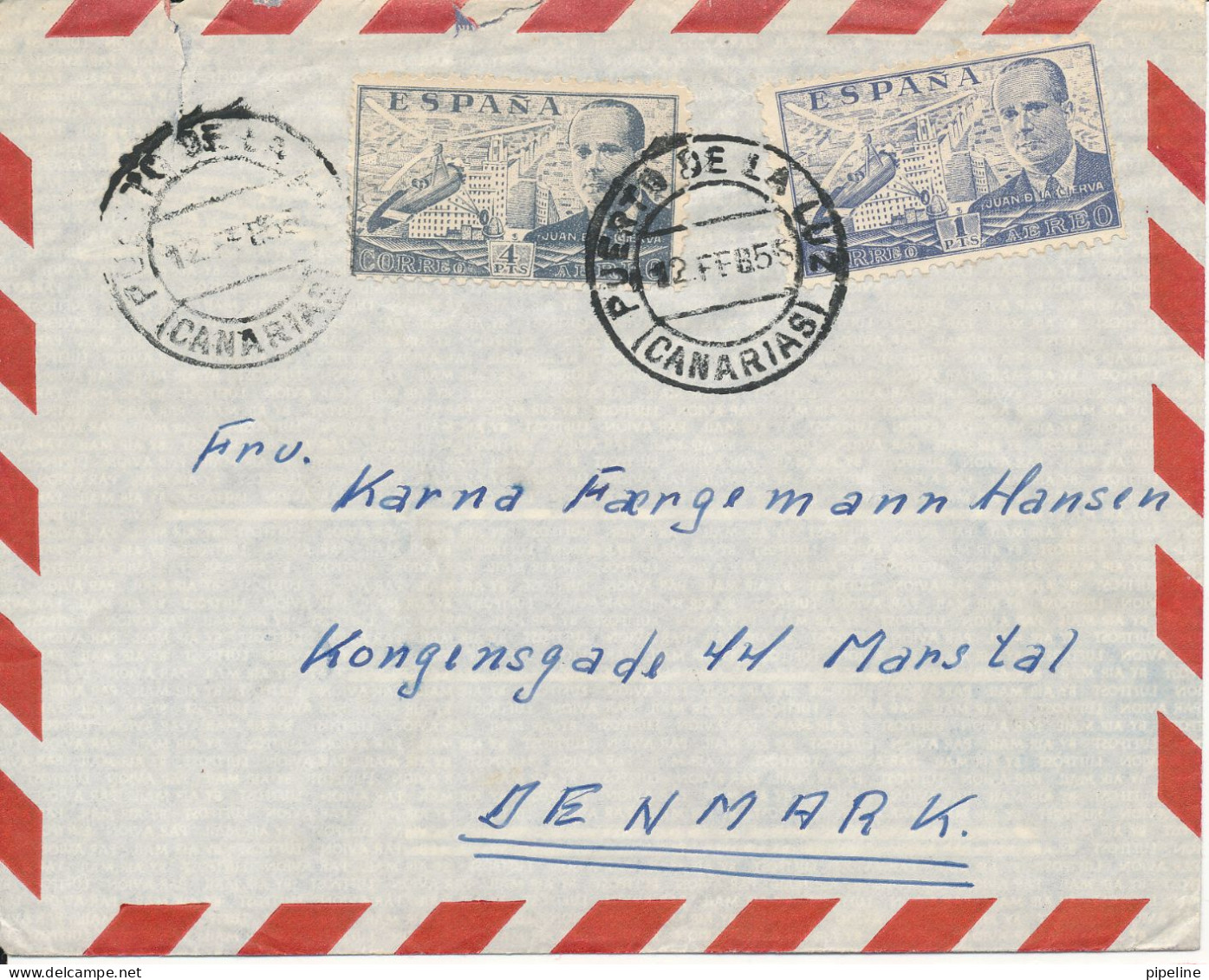 Spain Air Mail Cover Sent To Denmark Puerto De La Luz Canarias 12-2-1955 From M/S Louisiana D.F.D.S. - Covers & Documents