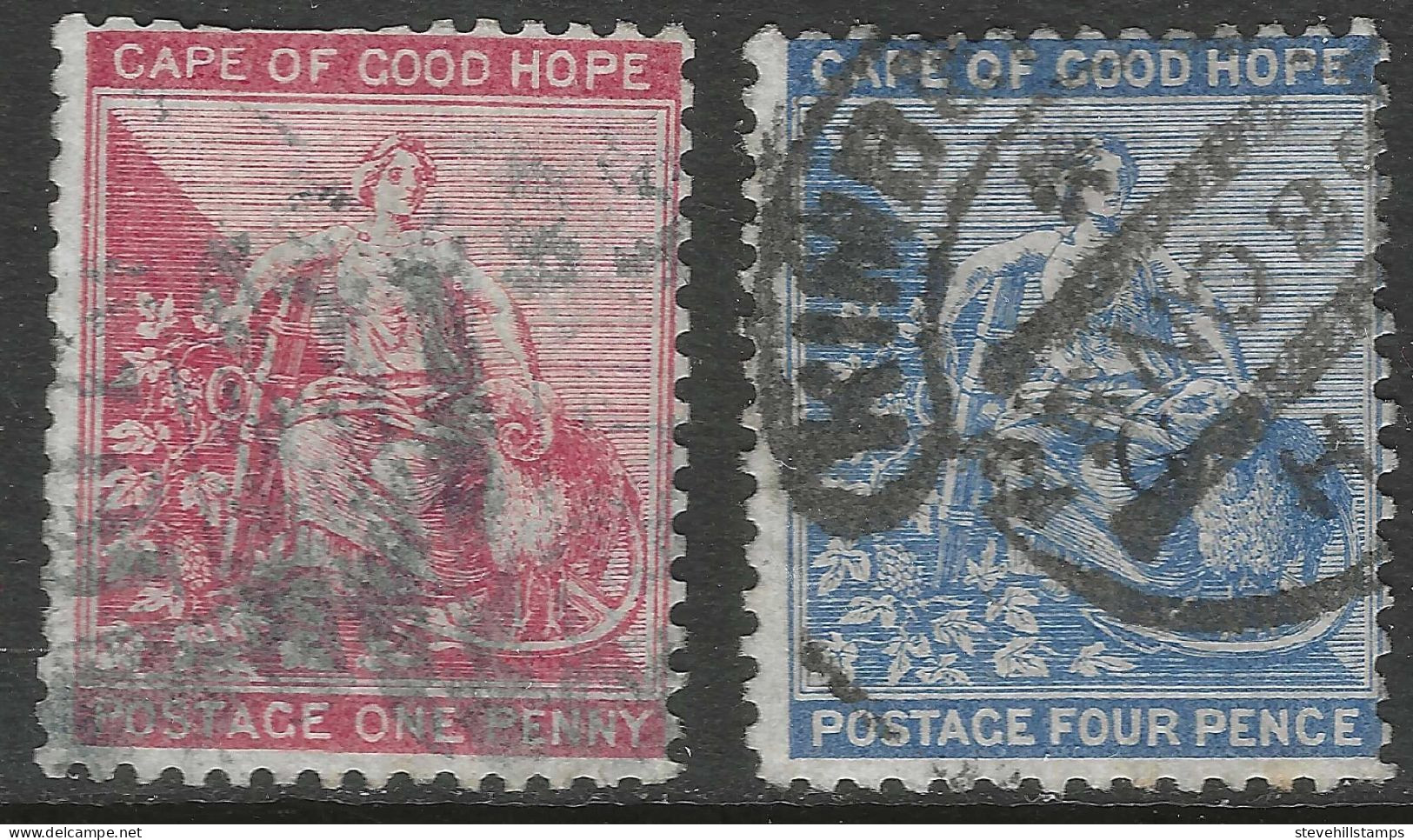 Cape Of Good Hope (CoGH). 1871-76 Hope (without Frame Line). 1d, 4d Used. Crown CC W/M SG 29, 30. M3046 - Cape Of Good Hope (1853-1904)