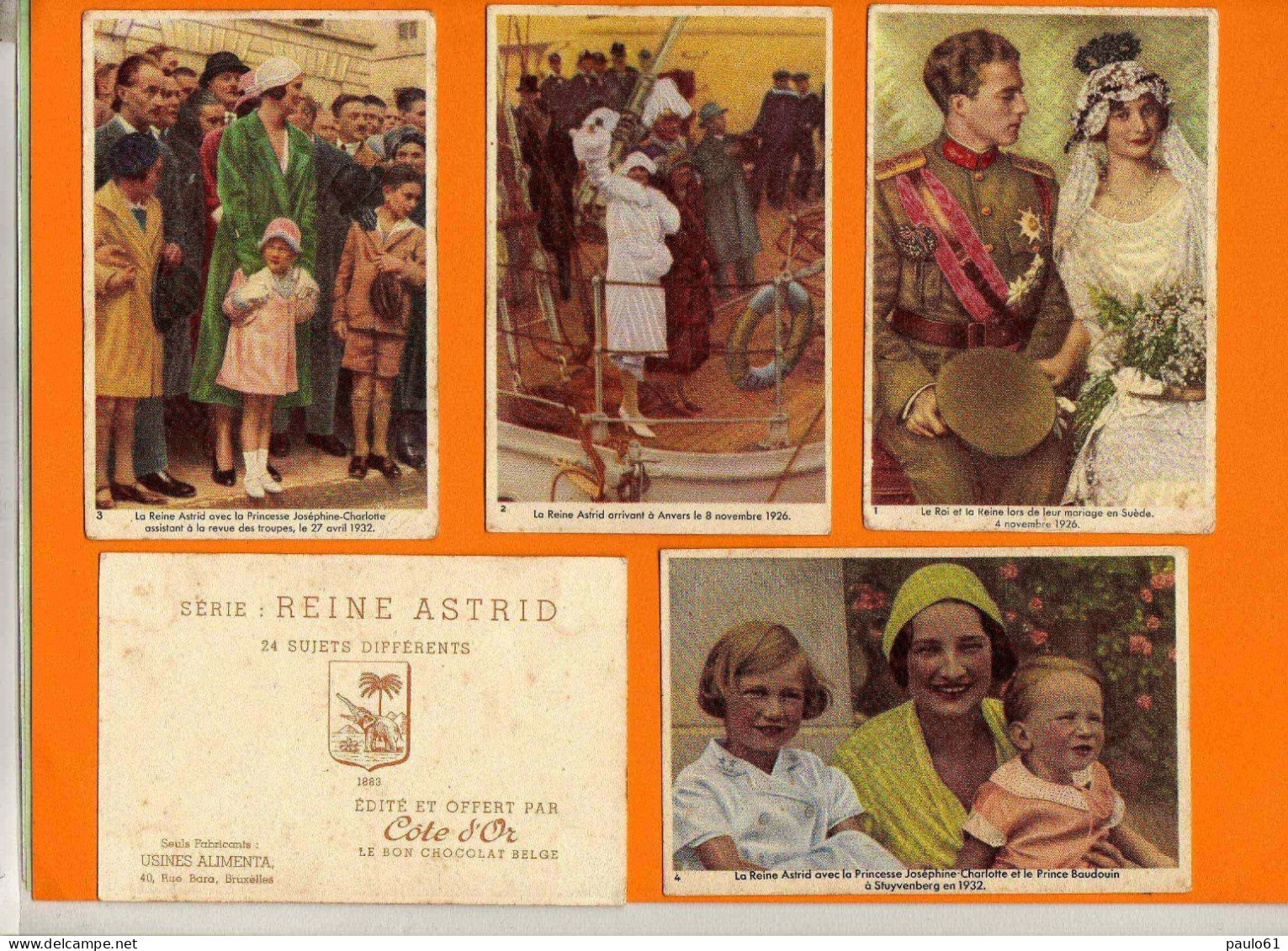 Lot Complet De 24 Chromos CHOCOLAT CÔTE D'OR Reine Astrid  4eme Serie & Edition De 1928 A 1937 Excellent Etat - Côte D'Or