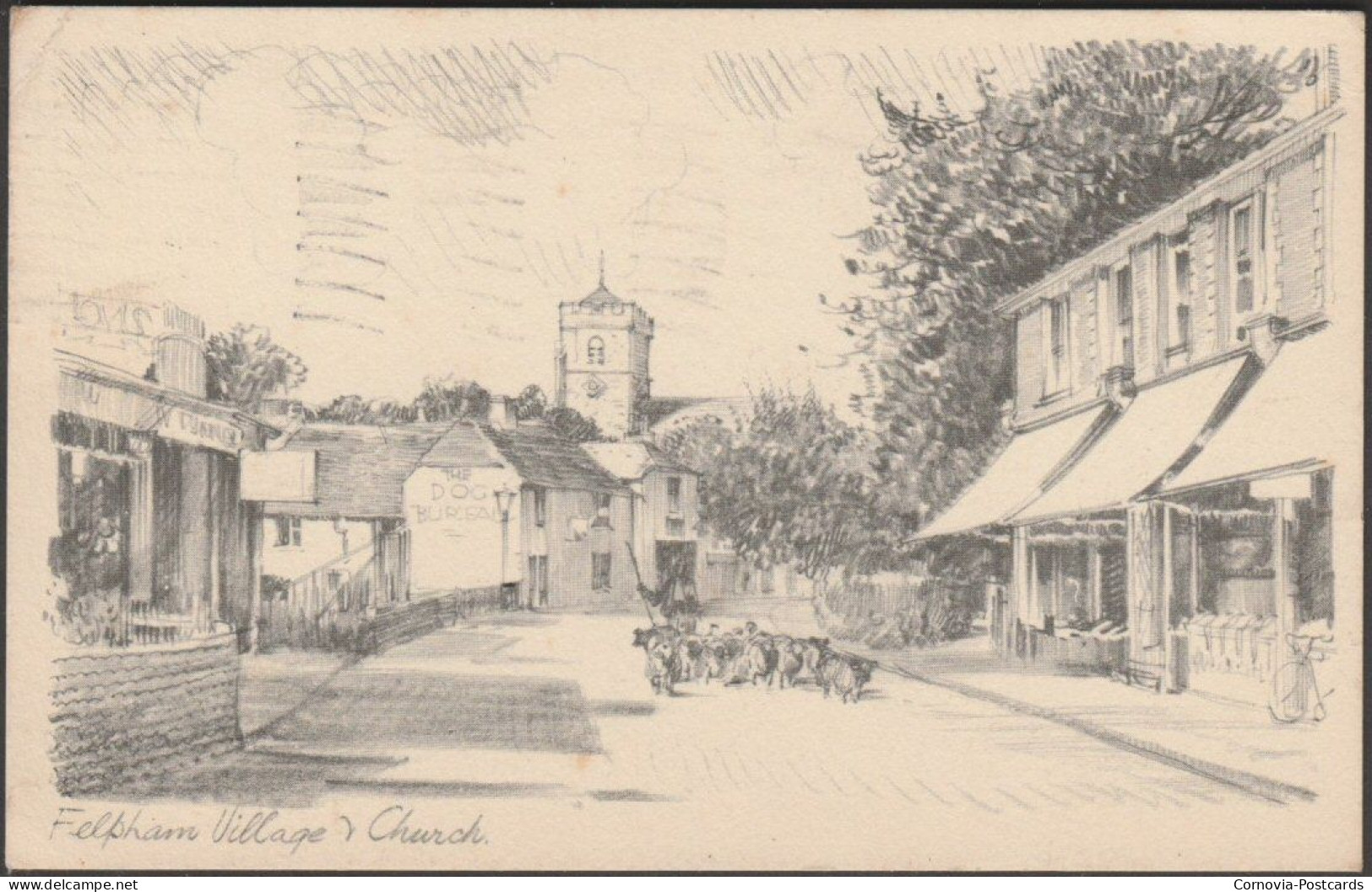 Felpham Village & Church, Sussex, 1944 - Pencil Sketch Postcard - Bognor Regis