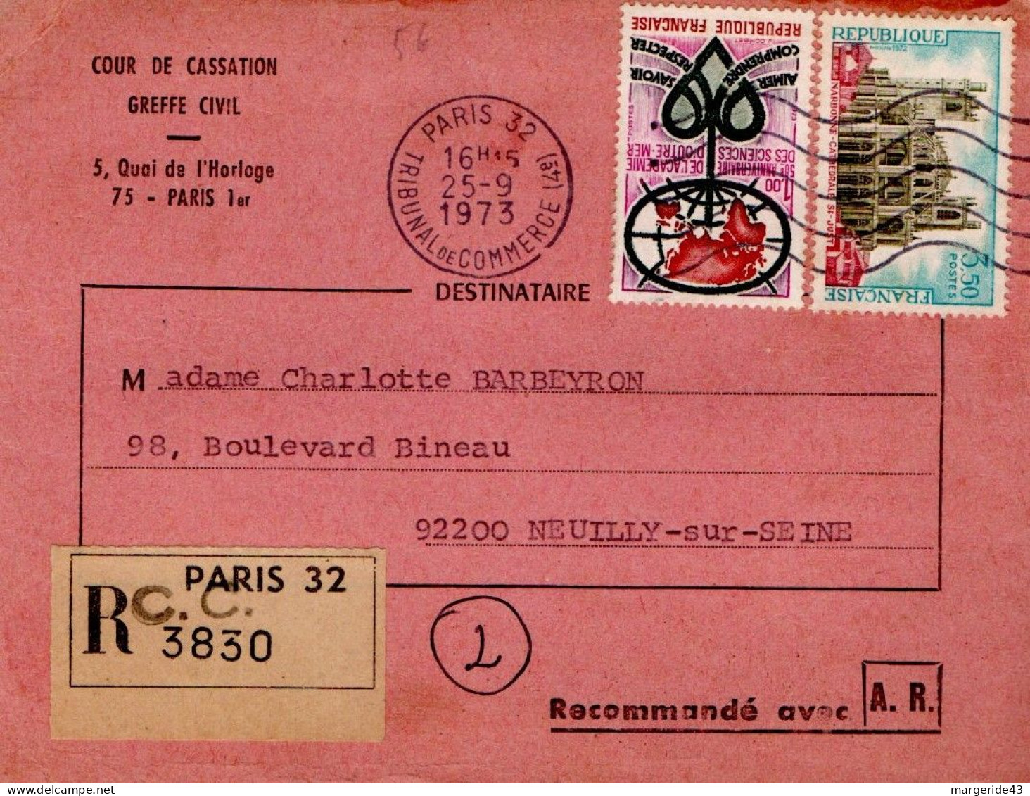 AFFRANCHISSEMENT COMPOSE SUR PLI RECOMMANDE PARIS 32 1973 - Postal Rates