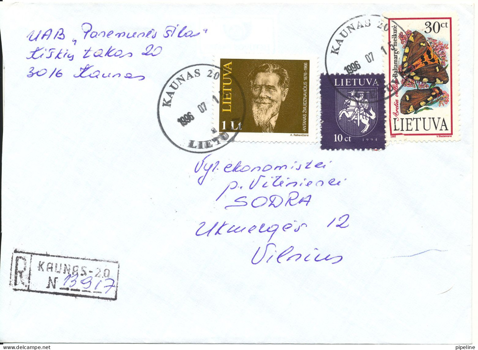 Lithuania Registered Cover Sent To Vilnius Kaunas 15-7-1992 The Butterfly Stamp Is Damaged - Litauen