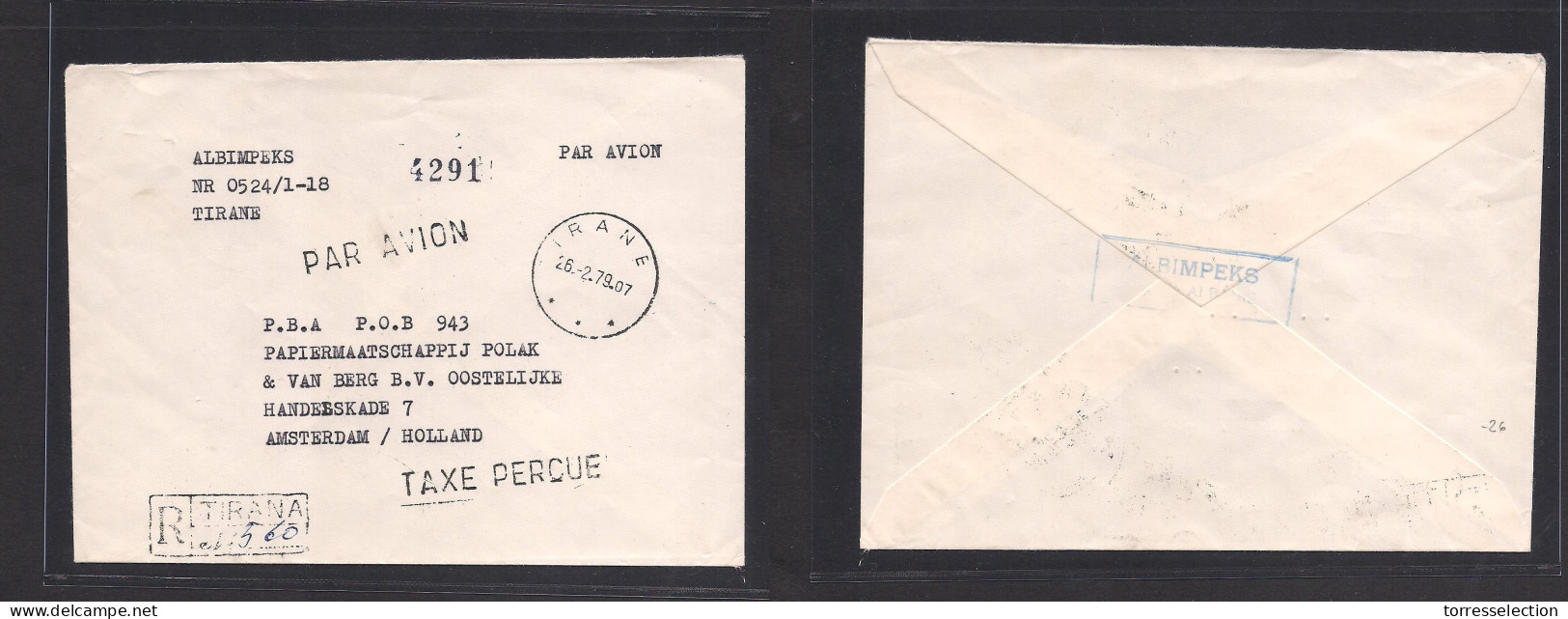 ALBANIA. 1979 (26 Febr) Tirane - Netherlands, Amsterdan. No Stamps Registered Air Cash Paid Circulated Comercial Envelop - Albania